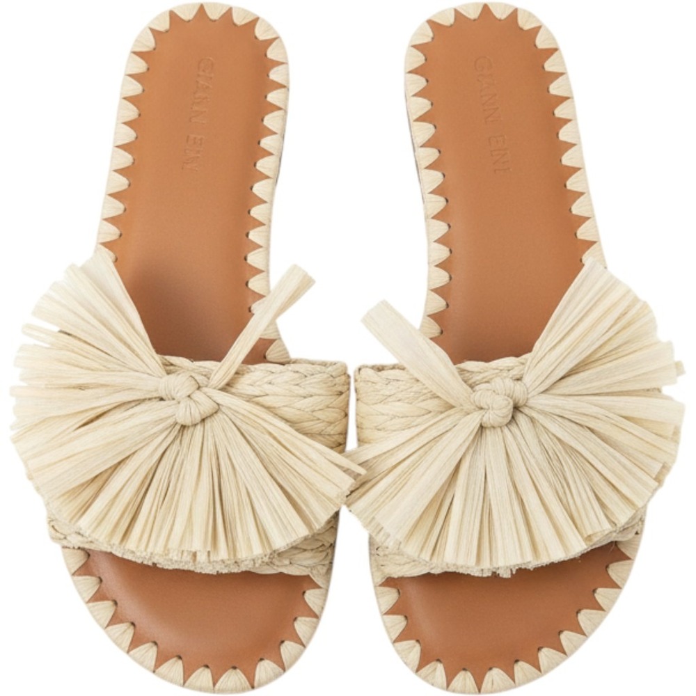 Gianni Bini Raffia Slide Sandals Tan Whipstitch Pom Pom Summer Flats Womens